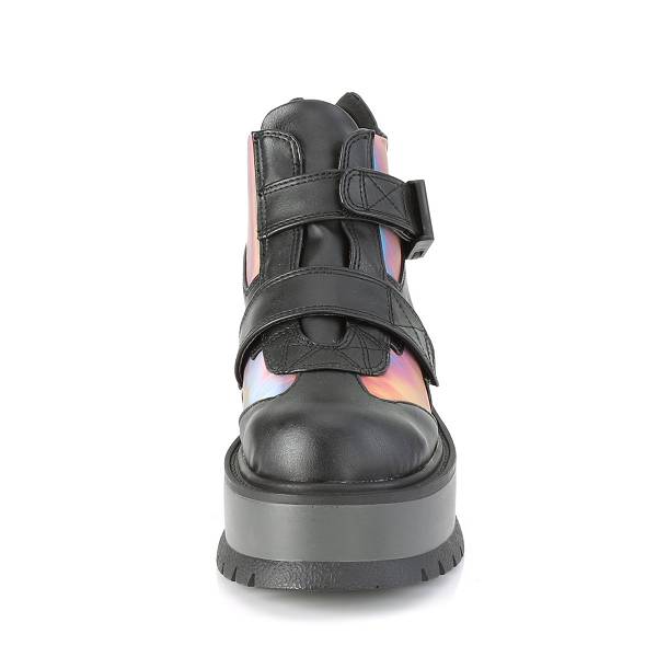 Demonia Women's Slacker-32 Platform Boots - Black Vegan Leather/Rainbow Reflective D7016-95US Clearance